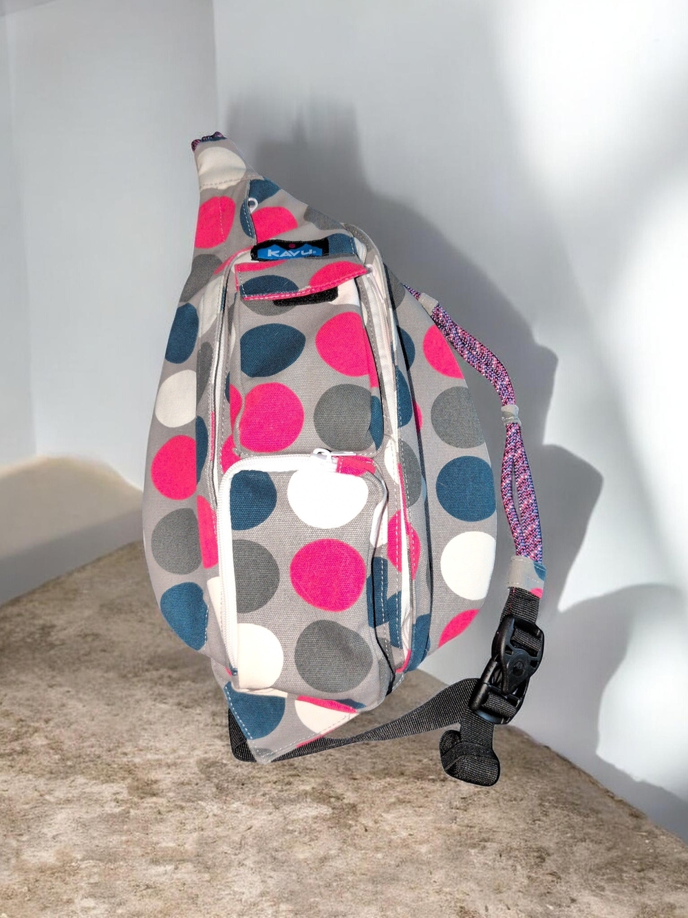 Kavu Polka Dot Crossbody Sling Bag in Gray, Pink, Blue, White
